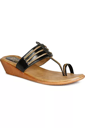 Denill Black & Tan Brown Embellished Ethnic Wedge Sandals