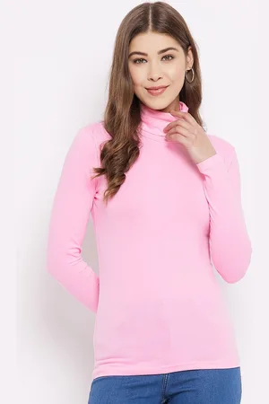 Hypernation Women Pink High Neck Slim Fit T-shirt