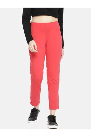 Dollar Missy Women Coral Red Smart Straight Fit Solid Cigarette Trousers