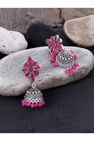 Silvermerc Designs Pink & Silver-Toned & Plated Stone-Studded Jhumkas Earrings