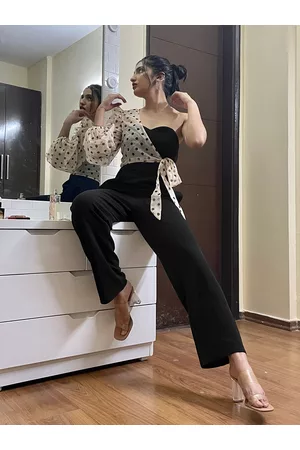 ATHENA Women Stylish Black Printed One-Shoulder Jumpsuit