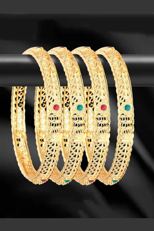YouBella Set of 4 Green & Magenta Gold-Plated Stone-Studded Bangles