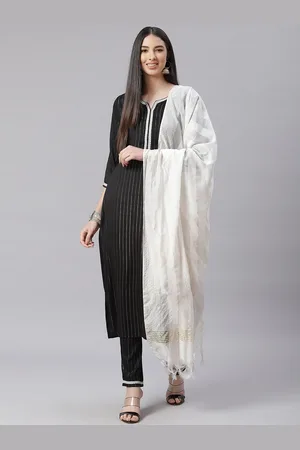 Tulsattva Women Black & White Striped Thread Work Detail Kurta with Trousers & Dupatta