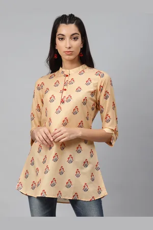 Shiloh Women Peach-Coloured & Red Floral Block Print Straight Tunic