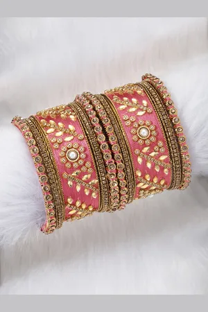 Peora Women Set of 10 Pink Designer Silk Thread Matching Bridal Wedding Bangles