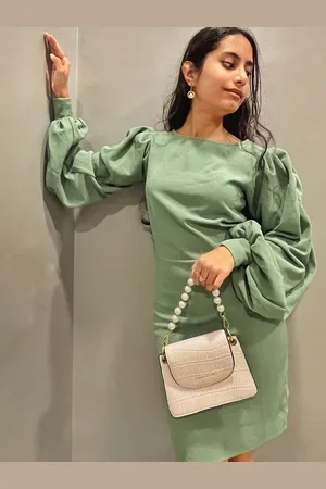 ATHENA Vintage Olive Green Puff Sleeves Bodycon Dress