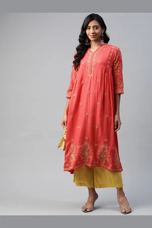 akheri Women Red Ethnic Motifs Embroidered Chikankari Anarkali Kurta