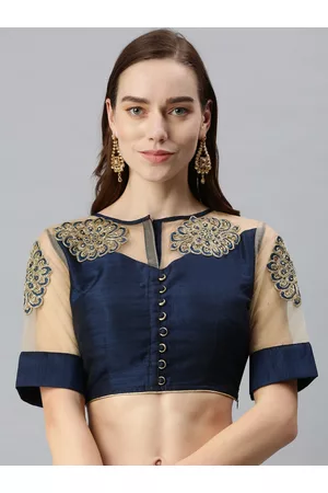 flaher Women Navy Blue Embroidered Art Silk Saree Blouse
