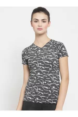 Boston Club Women Grey Printed V-Neck Slim-Fit Dr-Fit T-shirt