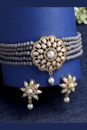 Zeneme Grey Gold-plated Kundan Studded & Beaded Multistrand Choker Necklace Jewellery Set