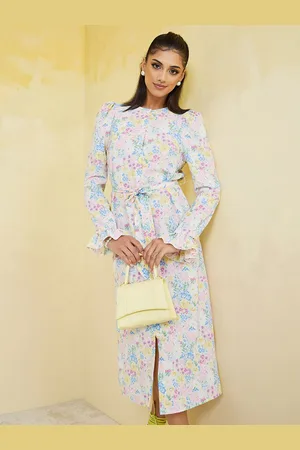 Styli White & Blue Floral Print A-Line Midi Dress