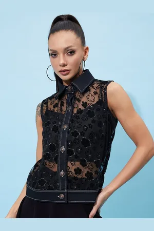 ATHENA Black Floral Sheer Net Shirt Sleeveless Style Denim Top