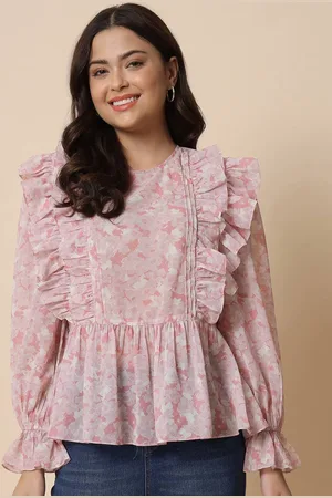 BEATNIK Floral Printed Bell Sleeves Gathers Peplum Top