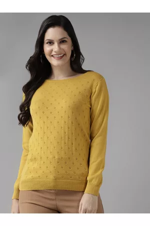 Cayman Women Mustard Yellow Self Designed Floral Pullover Sweater