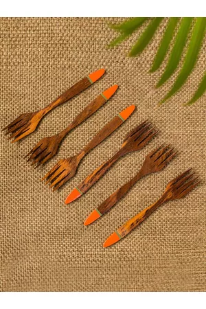 ExclusiveLane Set Of 6 Brown & Orange-Colored Hand-Painted Tangerine Must Haves Sheesham Wood Forks