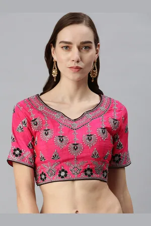 flaher Women Pink Embroidered Art Silk Saree Blouse