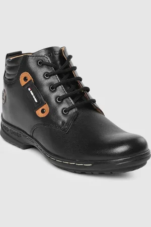 Red Chief Men Black Solid Leather Mid-Top Flat Boots
