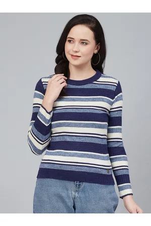 Cayman Women Blue & White Striped Acrylic Pullover