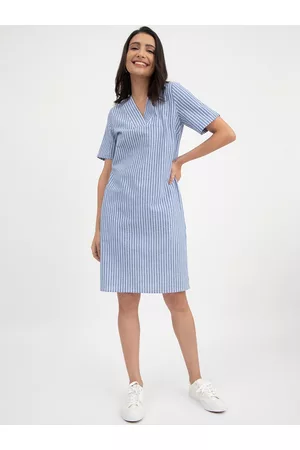 FableStreet Women Blue Striped A-Line Dress