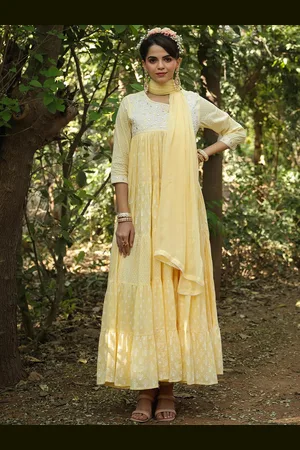 SCAKHI Printed Embroidered Cotton Fit & Flared Tiered Dress With Dupatta