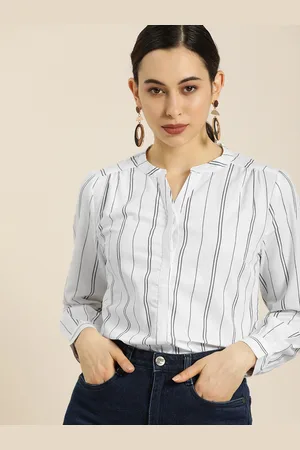 Moda Rapido White & Navy Blue Striped Mandarin Collar Pure Cotton Top