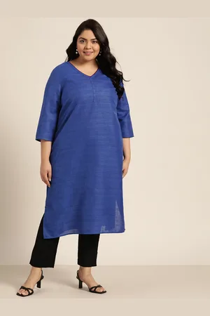 Sztori Women Plus Size Blue Self-Striped Jamawar Straight Kurta