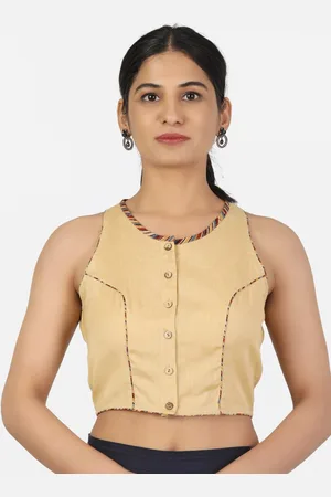 Llajja Women Beige Solid Cotton Non Padded Saree Blouse