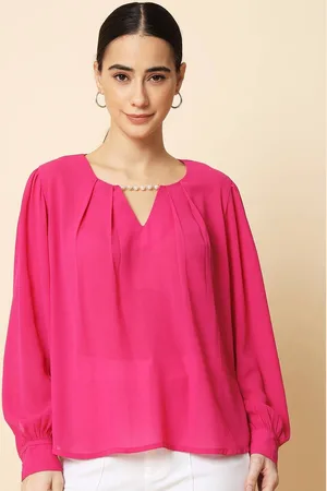 BEATNIK Keyhole Neck Cuffed Sleeves Pleated Regular Top