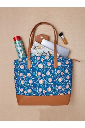 TEAL Floral Printed Structured Tote Bag