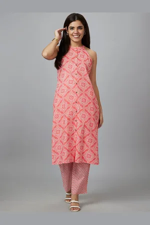 Globus Peach & White Bandhani Printed Regular Pure Cotton Kurta With Trousers