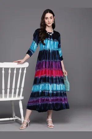 Indo Era Tie & Dye Tiered Midi Ethnic Dress With Smocked Detail