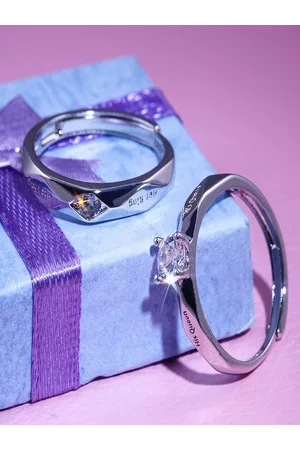 University Set Of 2 Silver-Plated White CZ-Studded Couple Finger Ring