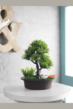 FOLIYAJ Green Artificial Shoe Horn Shaped Bonsai Tree With Brown Pot