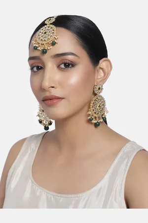 I Jewels Green Gold Plated Kundan Handcrafted Earrings & Maang Tikka Set