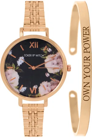 Joker & Witch Women Black & Rose-Gold Toned Meadow Watch With Bracelet Gift Set