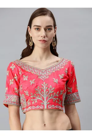 flaher Women Pink Embroidered Art Silk Saree Blouse