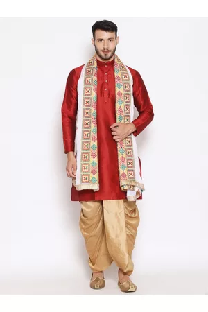 Bazaar Men Dupattas - Men White & Red Ethnic Motifs Embroidered Dupatta With Phulkari