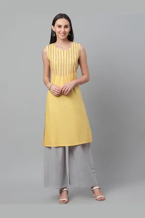 akheri Women Yellow Yoke Design Chikankari Embroidered Straight Kurta