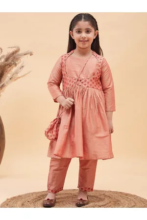 Vastramay Girls Floral Printed Pleated Anarkali Kurta with Pyjamas & Potli Bag