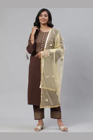 Tulsattva Women Brown Ethnic Motifs Yoke Design Regular Pure Cotton Kurta with Palazzos & With Dupatta
