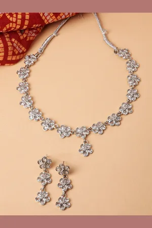 Zeneme Rhodium-Plated Flower American Diamond Studded Necklace with Earring Jewellery Set