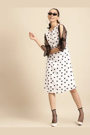 DODO & MOA Women White & Black Polka Dot Printed A-Line Dress with Tie-ups