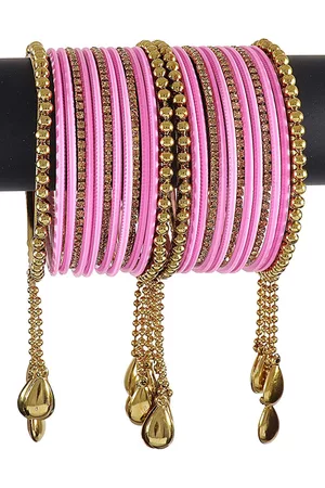 NMII Set of 26 Zircon Gemstone Studded Chain & Latkan Work Bangles