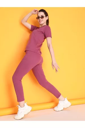 CHKOKKO Women Pink Solid T-Shirt & Trousers Set