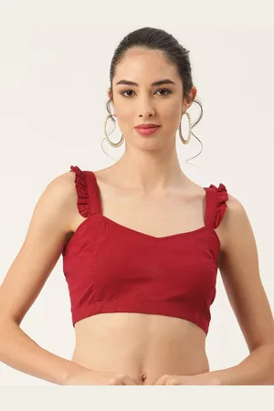 Molcha Women Maroon Solid Pure Cotton Saree Blouse With Frill Strap