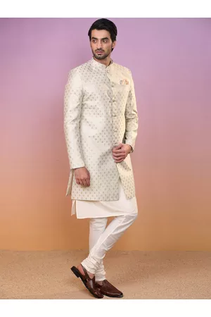 KISAH Men Ethnic Motifs Woven Design Mandarin Collar Indowestern Sherwani Set