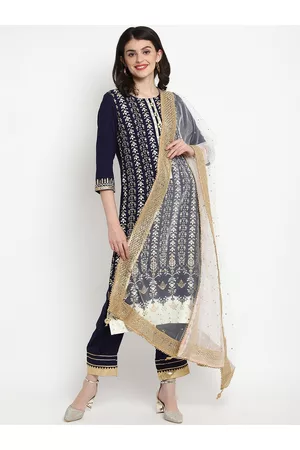 Tulsattva Women Navy Blue & White Printed Kurta with Palazzos & Dupatta