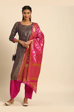 Rajnandini Navy Blue & Pink Silk Blend Unstitched Dress Material