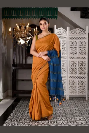 Charukriti Mustard & Blue Woven Design Handloom Pure Cotton Saree