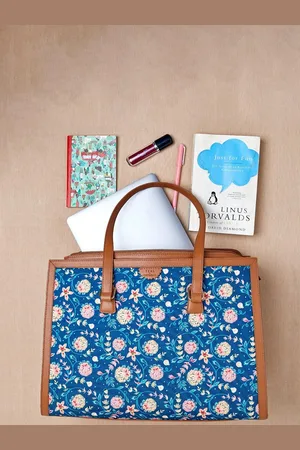 TEAL Floral Printed Structured Tote Bag